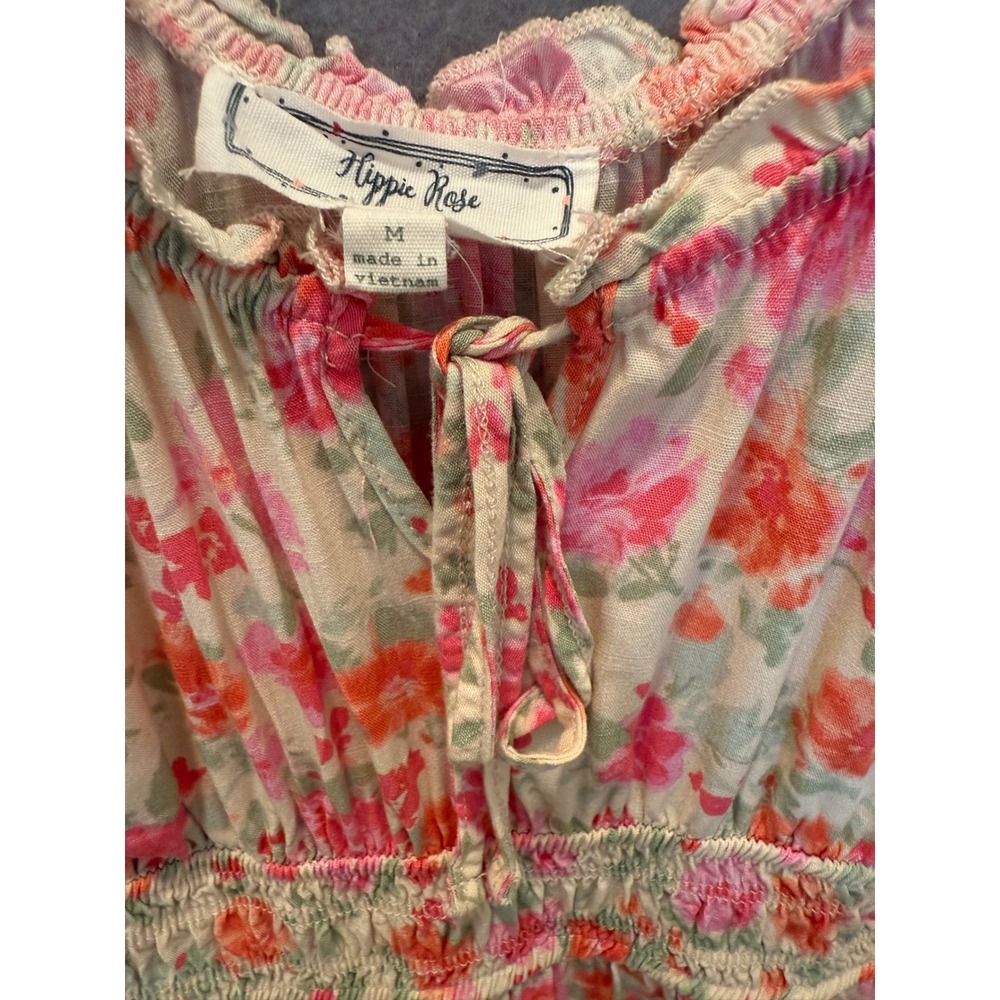 Hippie Rose Floral Smocked Waist Midi Dress Pink Orange Ruffle Women M - Picture 2 of 8